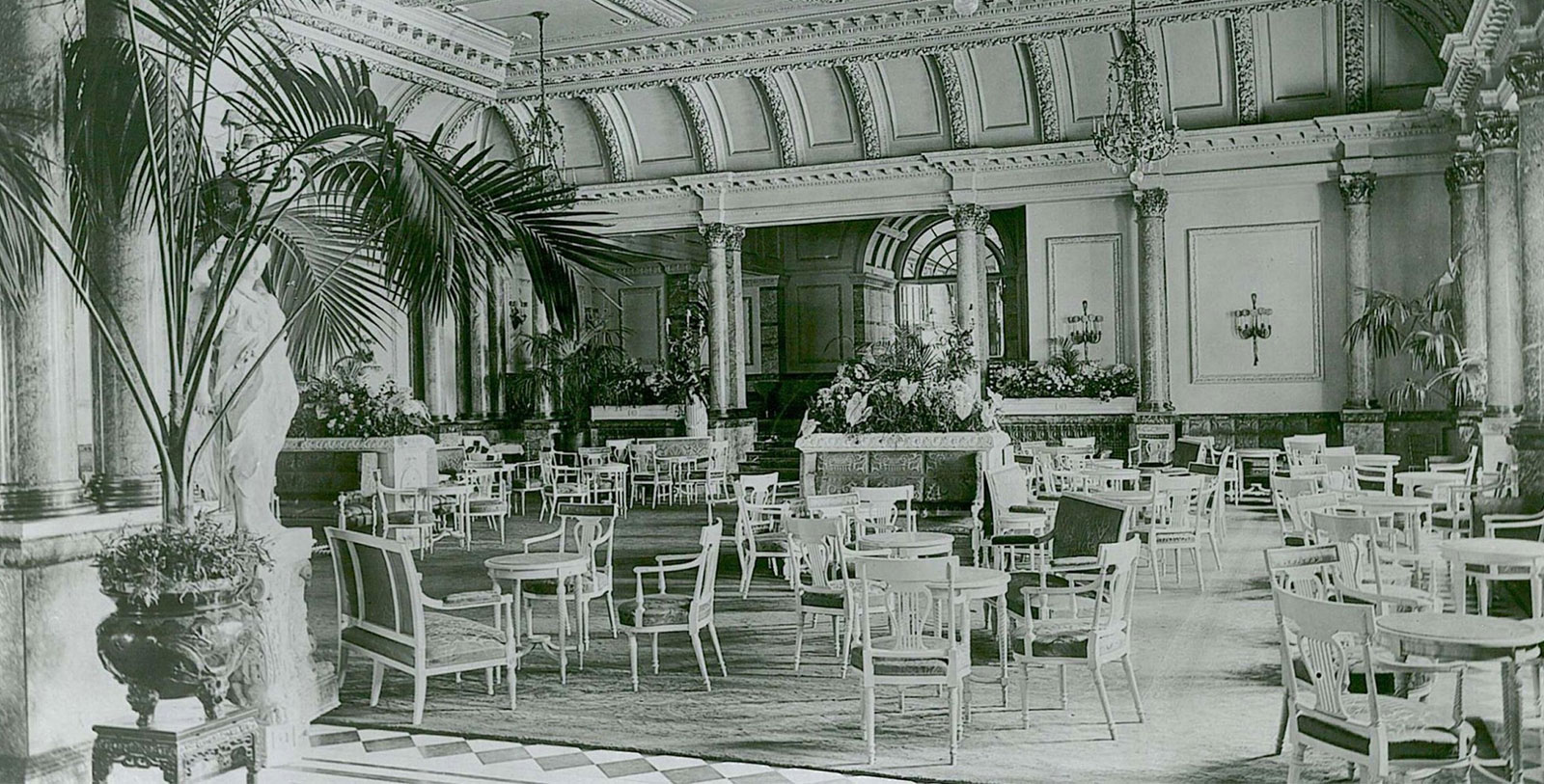 The Thames Foyer inside The Savoy Hotel, London — the grand dining room where Escoffier's brigade system delivered flawless service to hundreds